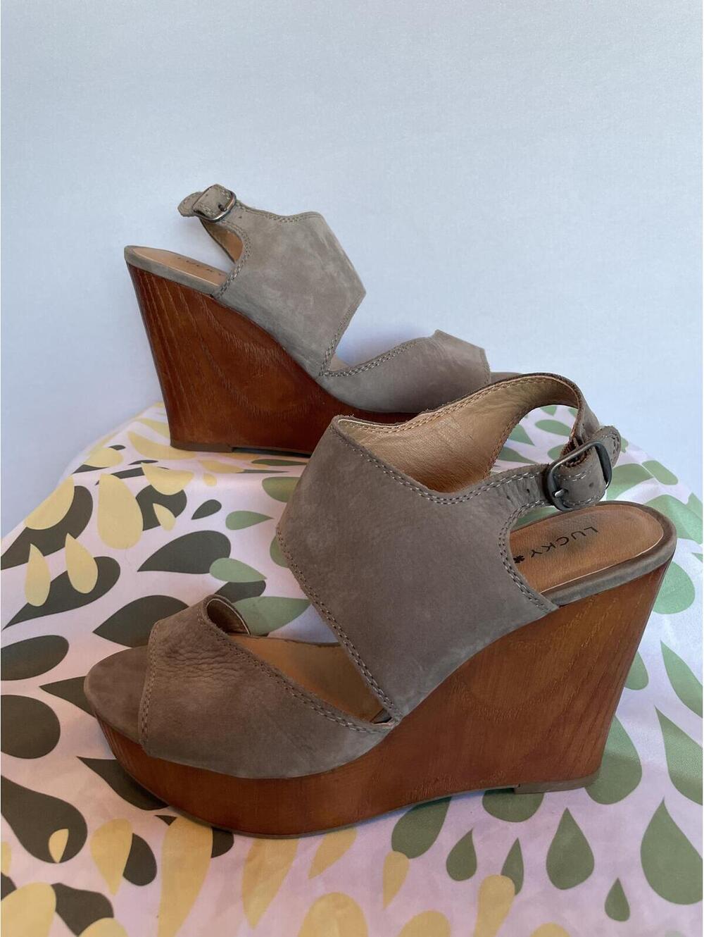 Lucky Brand Latella Taupe Leather Sandal Womens Platform Wedge US 8.5